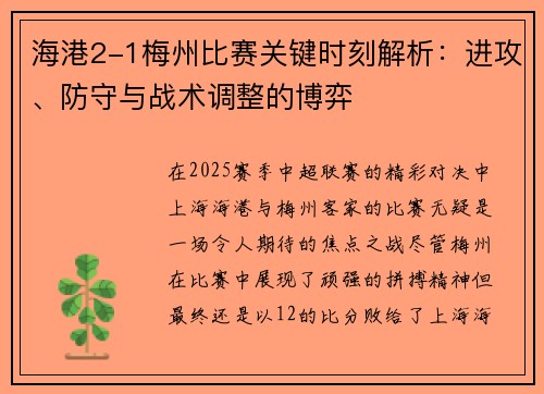 海港2-1梅州比赛关键时刻解析：进攻、防守与战术调整的博弈